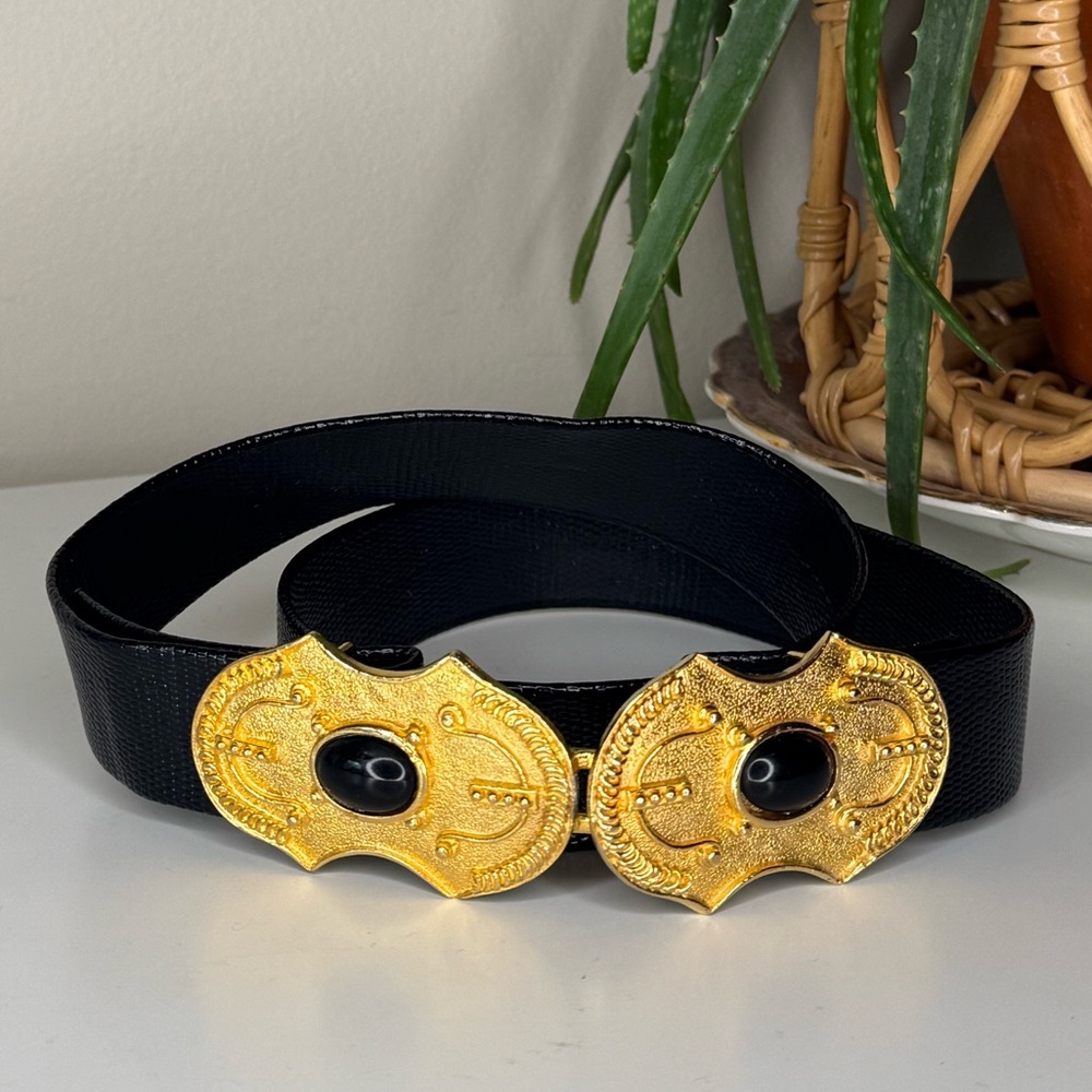 Vintage 1985 Gay Boyer Dover Belt Baroque Gold Buckle Black Lizard Embossed Belt